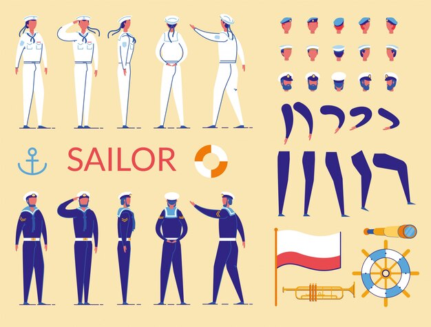 Sailor man personajes constructor en uniforme.