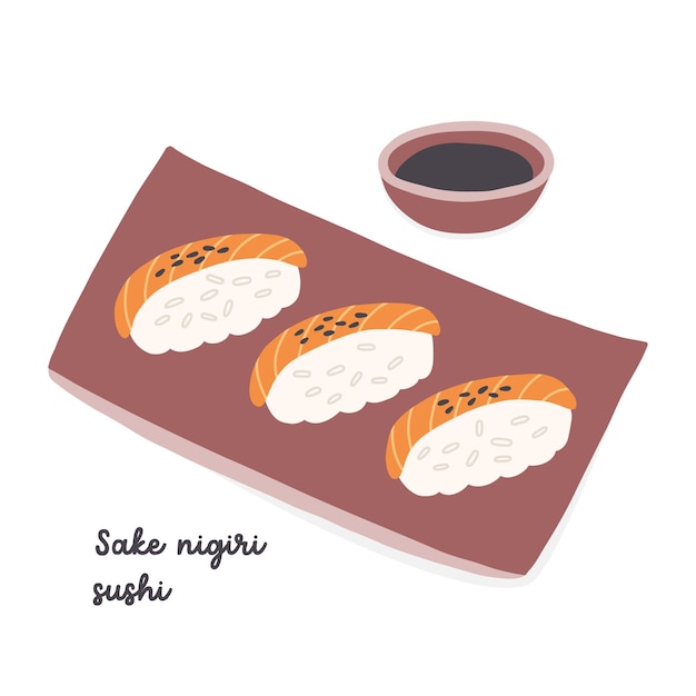 Sake nigiri plato de sushi con salsa de soja. Ilustración plana de comida asiática japonesa tradicional en aislado