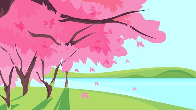 Sakura floreciente en la orilla del río. Hermoso paisaje natural.