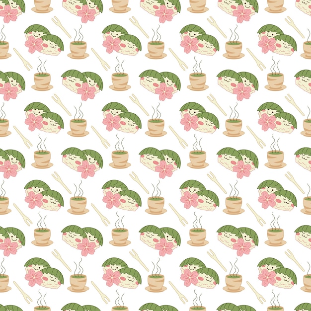 Sakura mochi pattern3 Patrón sin costuras con dos lindos personajes de sakura mochi con flor de sakura y taza de té matcha Doodle ilustración vectorial de dibujos animados