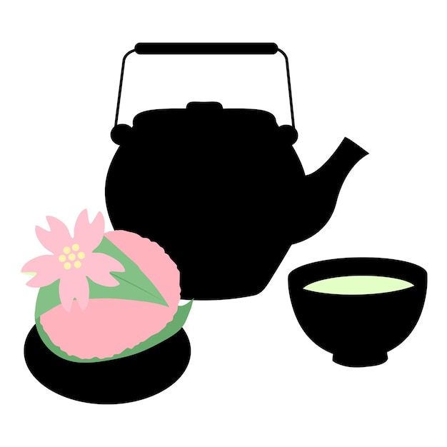 Vector sakura mochi y té verde ceremonia japonesa del té hanam