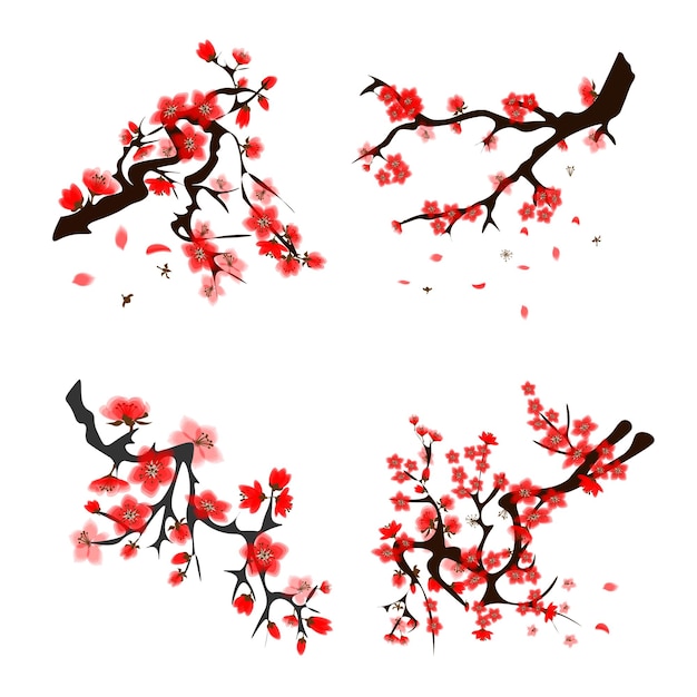 Sakura una ramita con flores escarlatas y capullos SSTK resumen