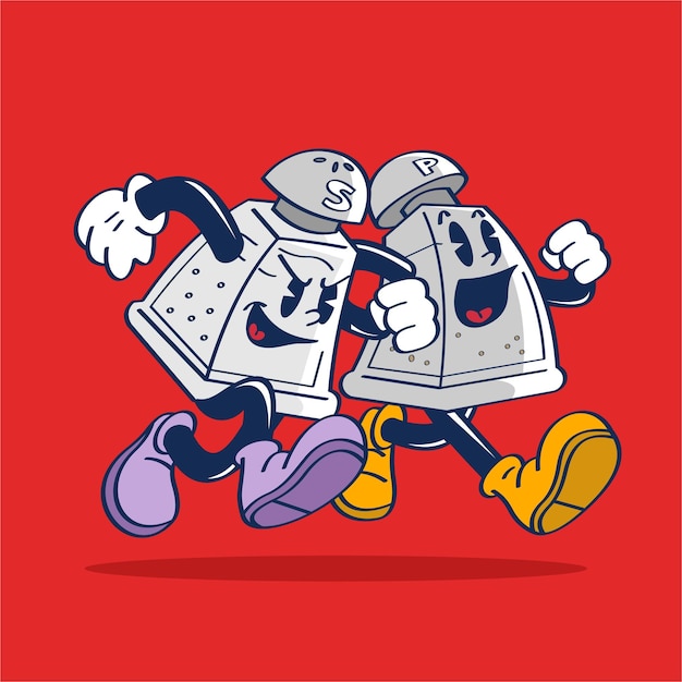 Sal y pimienta personaje de dibujos animados corriendo carrera Vector dibujo a mano