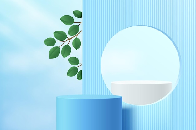 Sala 3D abstracta y podio de soporte de cilindro azul y blanco realista con partición azul y hojas