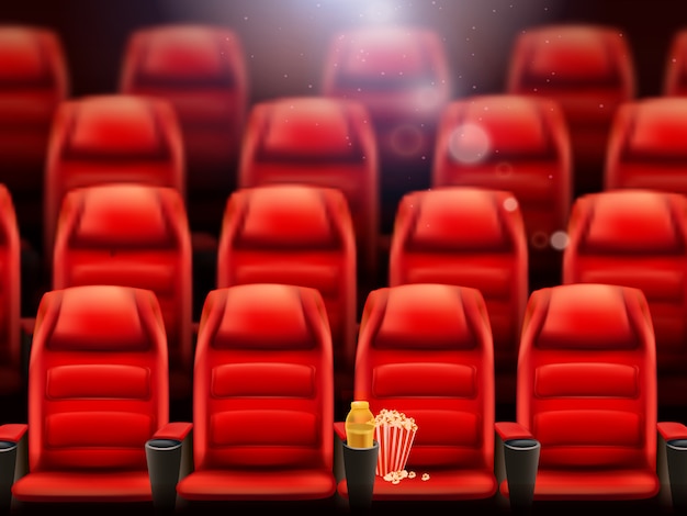 Vector sala de cine vacía con fondo realista de palomitas de maíz