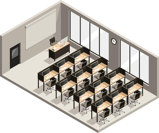 Sala de clases de laboratorio de computadoras de la escuela isométrica