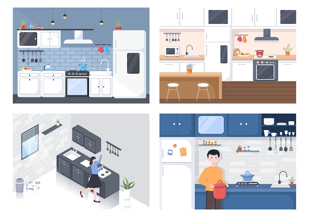 Sala de cocina con muebles y alguien está cocinando ilustración de Vector de fondo de alimentos