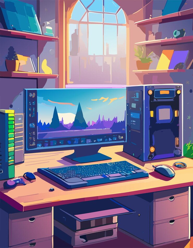 Vector sala de computadora oficina estación de trabajo espacio de trabajo escritorio teclado rato diseño de ilustraciones de actividad cibernética