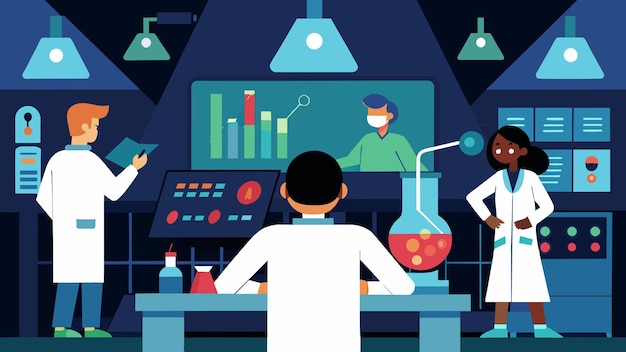 Vector en una sala de control con vistas al laboratorio un equipo de investigadores analiza los datos del experimento