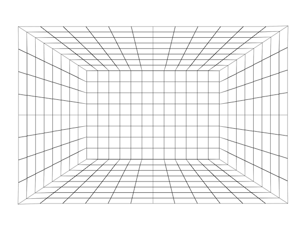 Sala de cuadrícula de marco de alambre 3D Abstracto Perspectiva Forma geométrica Cubo con perspectiva