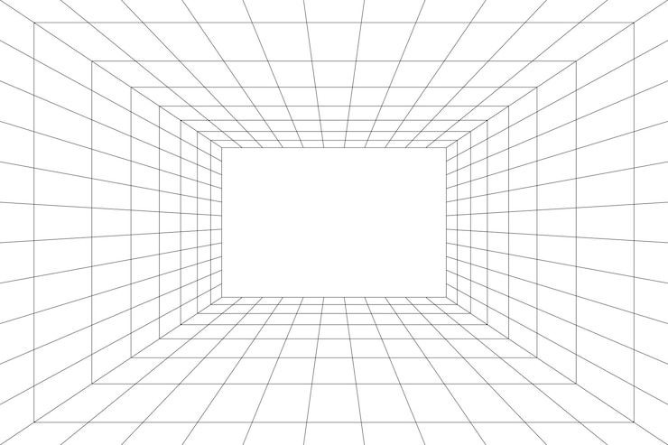 Vector sala de cuadrícula en perspectiva en estilo 3d. estructura metálica interior de líneas negras, plantilla interior cuadrada