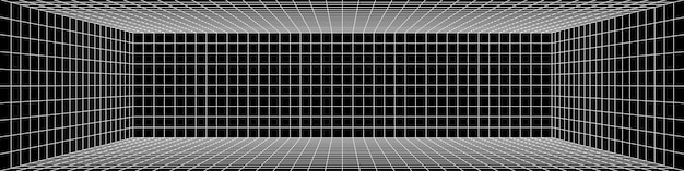 Sala de cuadrícula de perspectiva de un punto digital 3d en blanco y negro