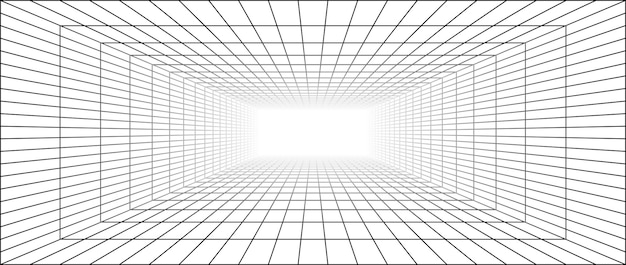 Sala de cuadrícula de wireframe 3d con fondo de perspectiva desaparecida espacio de contorno digital futurista