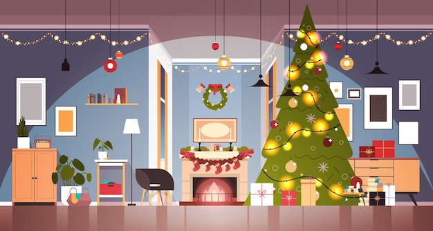 Sala de estar con abeto decorado y guirnaldas para año nuevo concepto de celebración de vacaciones de navidad ilustración de vector horizontal interior de casa