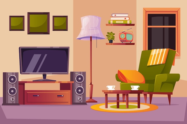 Sala de estar en casa con ilustración gráfica de diseño de concepto de casa interior de TV