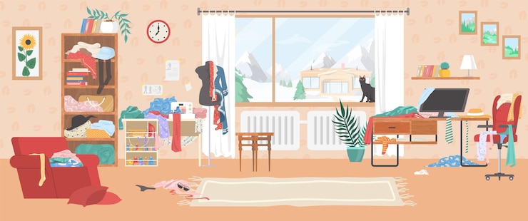 Vector sala de estar desordenada ropa femenina cosas dispersas en sillón de estantería en la ilustración de vector de escritorio ...