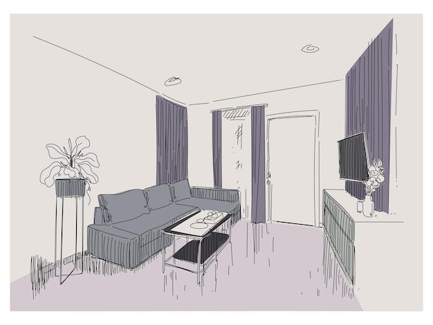 Sala de estar, dibujo, bosquejo, monocromo, blanco y negro, interior de casa, gráfico, vector, ilustración