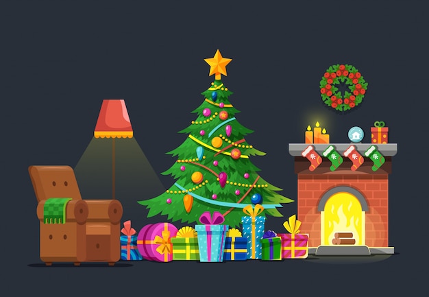 Sala de estar de dibujos animados con árbol de Navidad y chimenea. Concepto plano de vector de vacaciones de Navidad