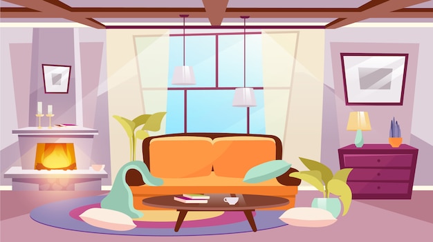 Vector sala de estar ilustración plana interior. mesa de centro cerca del sofá clásico. habitación desordenada iluminada por el sol con almohadas en el piso. elegante chimenea con leña y velas encendidas. ventana panorámica de moda