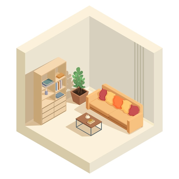 Sala de estar isométrica con tv y sofá ilustración vectorial