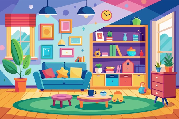 Vector sala de estar lúdica y amigable para niños con colores brillantes materiales duraderos y mucho almacenamiento para juguetes