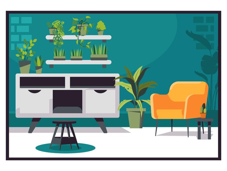 Sala de estar moderna con plantas y muebles cómodos