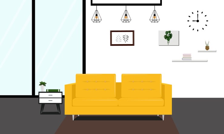 sala de estar moderna con sofá amarillo