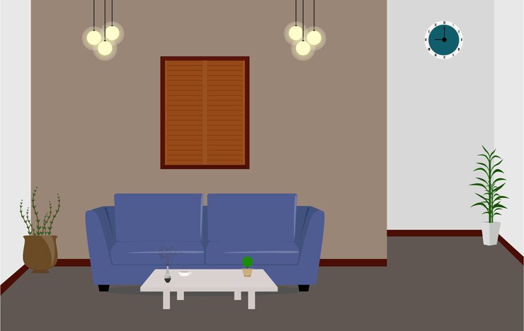 sala de estar con sofá azul Ilustración de sala de estar en forma plana
