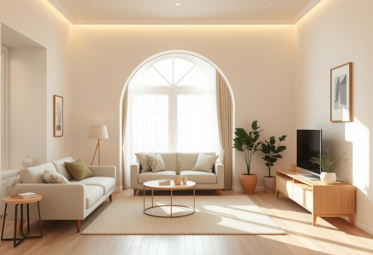 Vector una sala de estar con un sofá, una mesa de café, un televisor y una planta