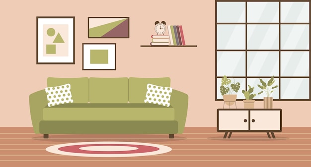Sala de estar con sofá, plantas caseras en la mesita de noche, ventana, estantería y cuadros en la pared