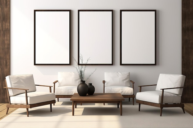 una sala de estar con tres piezas enmarcadas de arte enmarcado en la pared