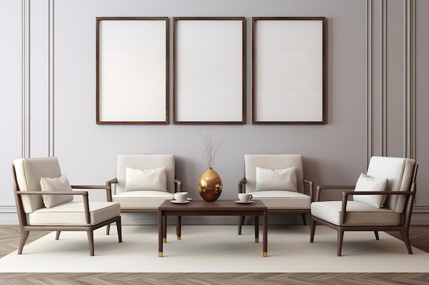 una sala de estar con tres pinturas enmarcadas en la pared y un jarrón de oro en la mesa