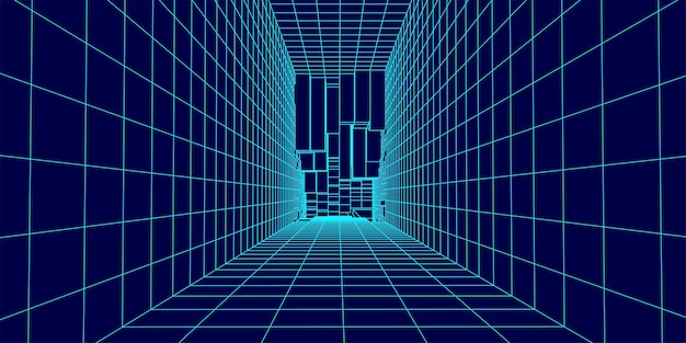 Sala de estructura metálica futurista 3D sobre fondo azul Rejilla de perspectiva abstracta Ilustración vectorial
