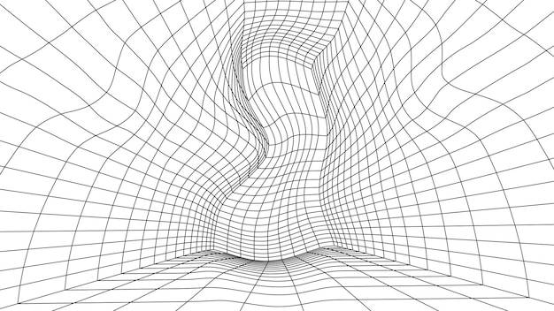 Sala de estructura metálica ondulada futurista 3D sobre fondo blanco Cuadrícula de perspectiva digital Ilustración vectorial