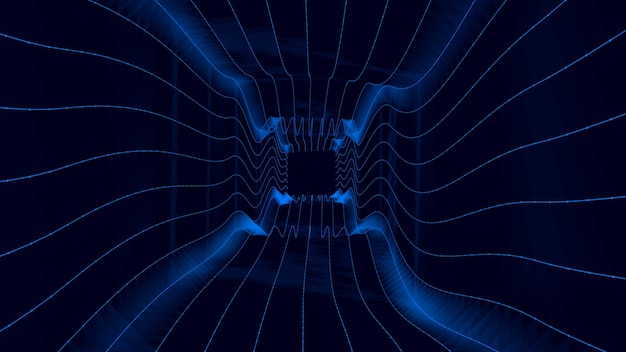 Sala de estructura metálica sobre el fondo azul Rejilla de perspectiva vectorial Caja con espacio digital