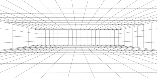Sala de estructura metálica sobre el fondo blanco Rejilla de perspectiva vectorial Caja con espacio digital