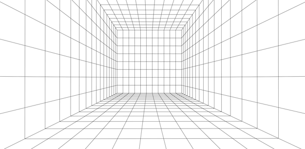 Sala de estructura metálica sobre el fondo blanco Rejilla de perspectiva vectorial Caja con espacio digital