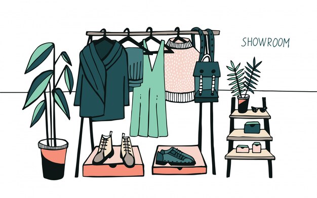 sala de exposición de ilustraciones. Perchero con ropa, bolsos, cajas y zapatos, moda, estilo moderno.
