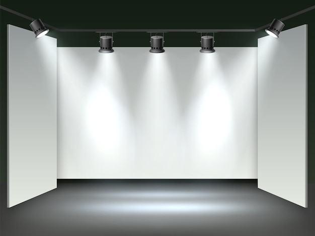 Vector sala de galería de reflectores exposición de museo realista maqueta en blanco paredes blancas focos de estudio vista frontal interior rendimiento vacío o presentación producto escena vector fondo