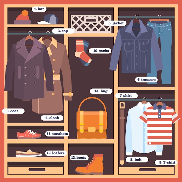 Sala de guardarropa llena de paños de hombre. Ilustración de vector de estilo plano