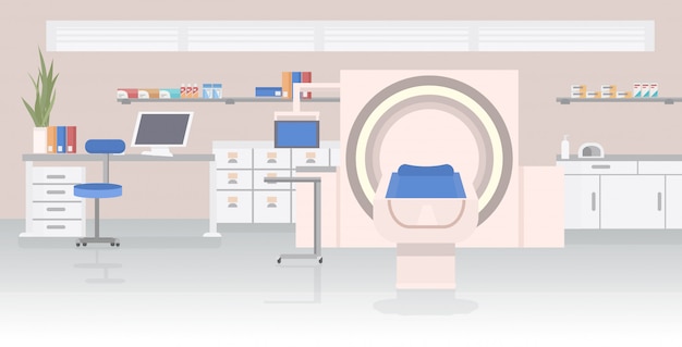 Vector sala de hospital con resonancia magnética mri dispositivo de escaneo concepto de atención médica