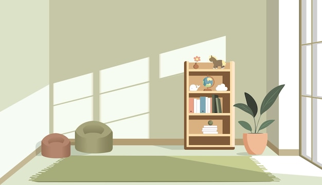 Sala de juegos para niños con decoración pastel y luz solar de la ventana Fondo vectorial interior acogedor