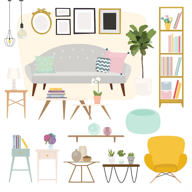 Sala. Muebles y accesorios para el hogar, incluidos sofás, sillones, sillones, mesa de café, mesas auxiliares y decoración del hogar.