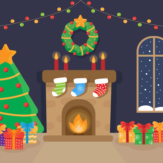 Sala de Navidad con chimenea, abeto y regalos.