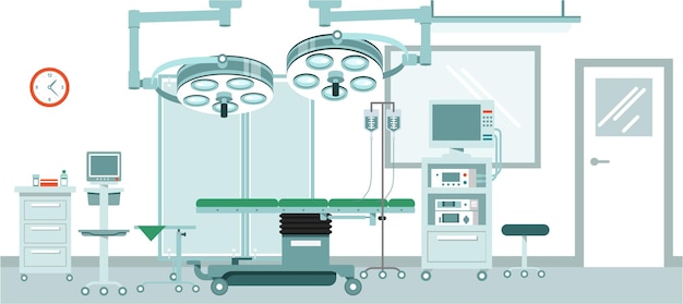 Vector sala de operaciones con instrumentos y equipos quirúrgicos