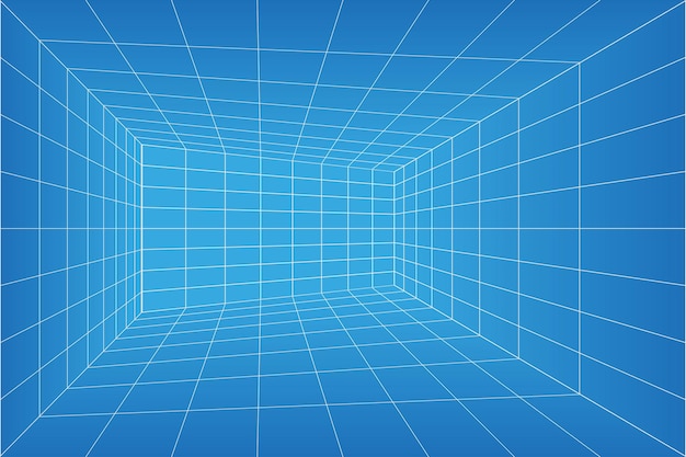 Sala de planos de perspectiva de cuadrícula. Fondo de papel milimétrico de estructura metálica. Modelo de tecnología digital cyber box. Vector plantilla arquitectónica en blanco