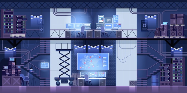 Sala de servidores con equipo de fondo horizontal Racks de servidores de escritorio con pantallas de computadoras para monitoreo y análisis de datos Panorama industrial abstracto Ilustración vectorial en estilo plano