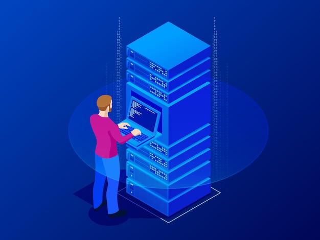 Sala de servidores isométrica y concepto de procesamiento de big data. Administrador de sistemas de hombre, protección de datos. Servicio de nube ilustración vectorial fondo azul.