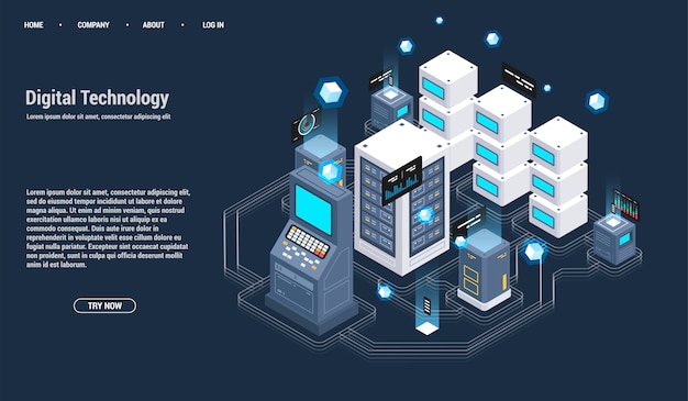 Sala de servidores isométrica y concepto de procesamiento de big data, centro de datos e icono de base de datos