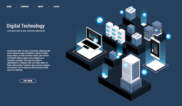 Sala de servidores isométrica y concepto de procesamiento de big data, centro de datos e icono de base de datos